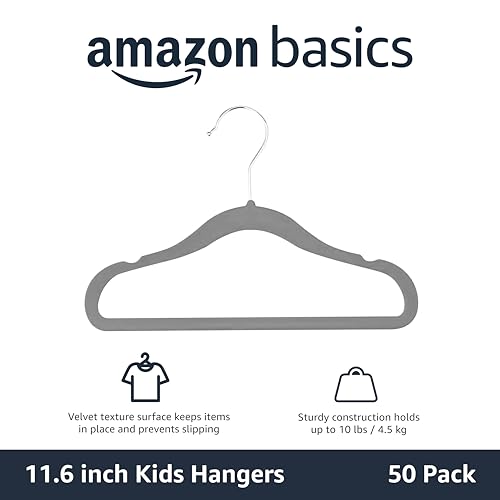 Amazon Basics Kids Velvet, Non-Slip Clothes Hangers for Infant and Toddler, 11.6 inches (for baby clothes), Pack of 50, Gray