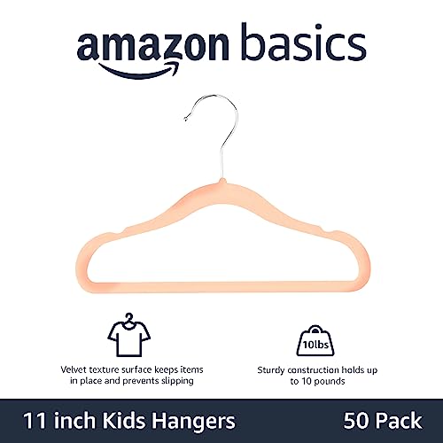 Amazon Basics Kids Velvet, Non-Slip Clothes Hangers for Infant and Toddler, 11.6 in (for baby clothes), Pack of 50, Blush