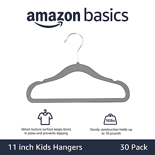 Amazon Basics Kids Velvet Non-Slip Space Saving Clothes Hangers with Shoulder Notches, Sturdy Closet Organizer for Baby/Toddler, 11.6", Gray, 30-Pack view 2