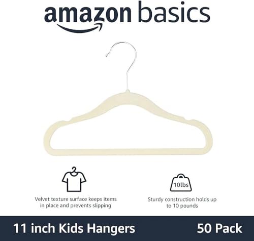 Amazon Basics Kids Velvet, Space Saving, Non-Slip Clothes Hangers for Infant and Toddler, Durable, 11.6 inches (for baby clothes), Pack of 50, Beige