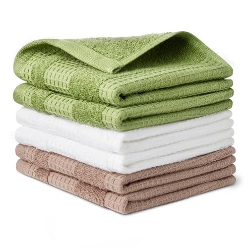 Amazon Basics Kitchen Towels, Organic Cotton Waffle Kitchen Dish Towels, Ultra Absorbent, Quick Drying, Lint-Free Geimetry Towels Kitchen, 12 x 12 Inches, 6-Pack (2 Brown, 2 Olive, 2 Navy Blue)