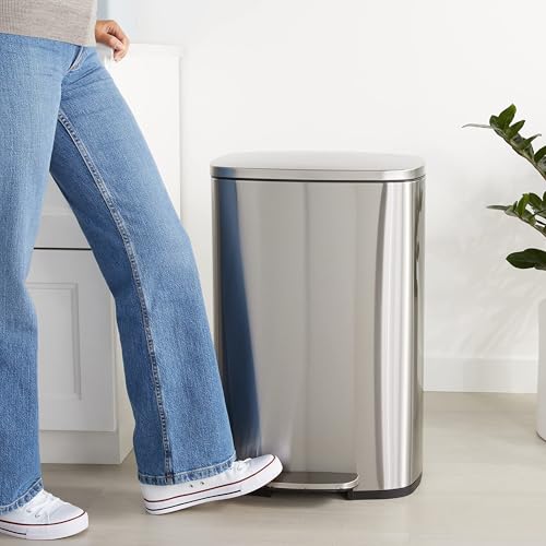 Amazon Basics LARGE Trash Can, 13.2 Gallon (50L), Smudge Resistant Rectangular Bin with Soft-Close Lid, Step Foot Pedal, Removable Inner Bucket, Brushed Stainless Steel, Satin Nickel Finish view 2