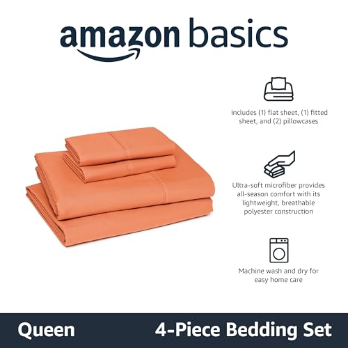 Amazon Basics Lightweight Breathable Microfiber 4-Piece Bed Sheet Set, Brick, Solid, Queen view 2