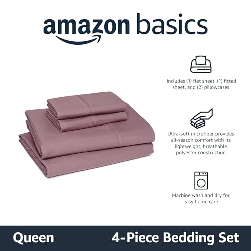 Amazon Basics Lightweight Breathable Microfiber 4-Piece Bed Sheet Set, Queen, Rose, Solid view 2
