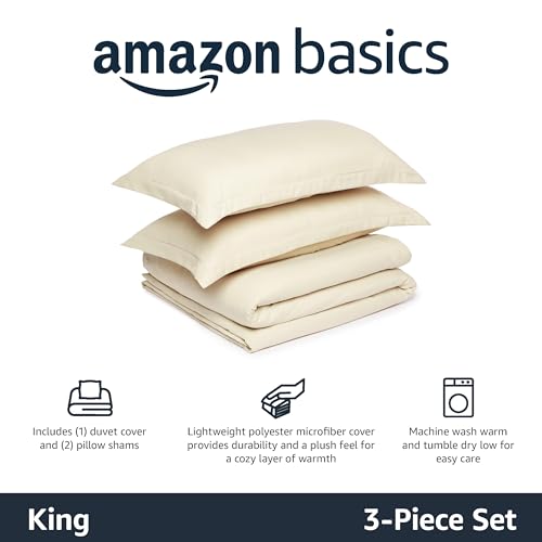 Amazon Basics Lightweight Microfiber 3-Piece Duvet Cover Set with Zipper Closure, King, Beige, Solid view 2