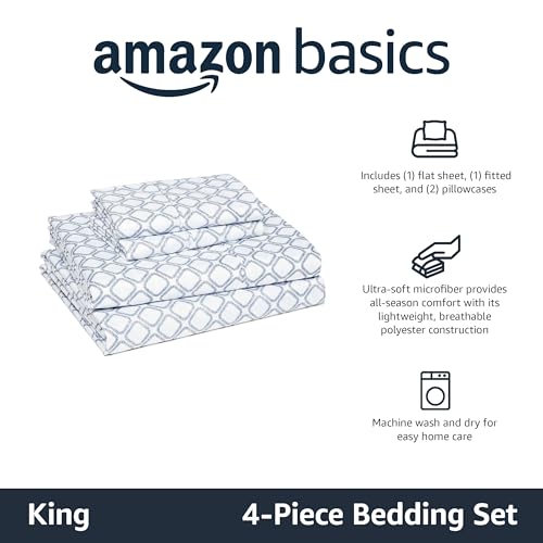 Amazon Basics Lightweight Microfiber 4-Piece Bed Sheet Set, King, Aqua, Printed view 2