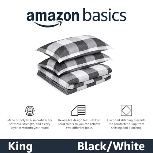 Amazon Basics Lightweight Microfiber Checkerboard Comforter Set, 3-Piece, King, Black/White view 2