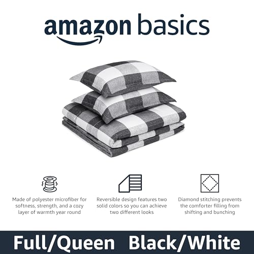 Amazon Basics Lightweight Microfiber Comforter Set, 3-Piece, Black/White Checkerboard, Full/Queen view 2