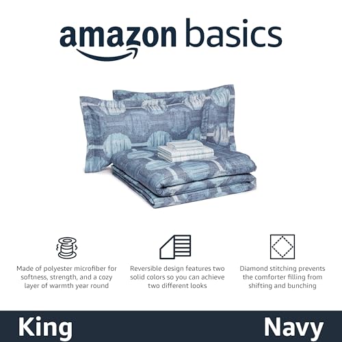 Amazon Basics Lightweight Microfiber Comforter Sets, 7 Pieces, King Size, Navy Geometrics view 2