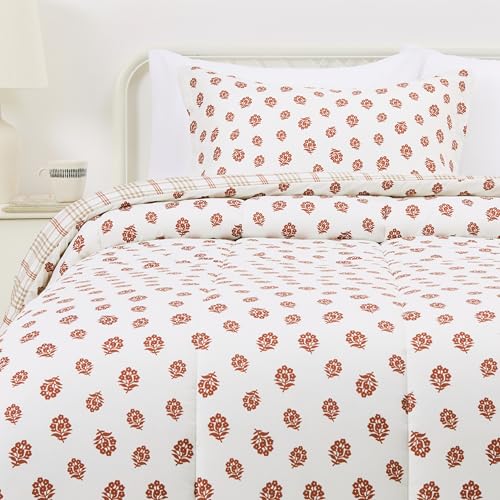Amazon Basics Lightweight Microfiber Comforter Sets, 2-Pieces, Off White, Floral, Twin/Twin XL