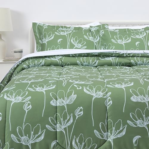 Amazon Basics Lightweight Microfiber Comforter Sets, 7 Pieces, Full/Queen, Green Floral