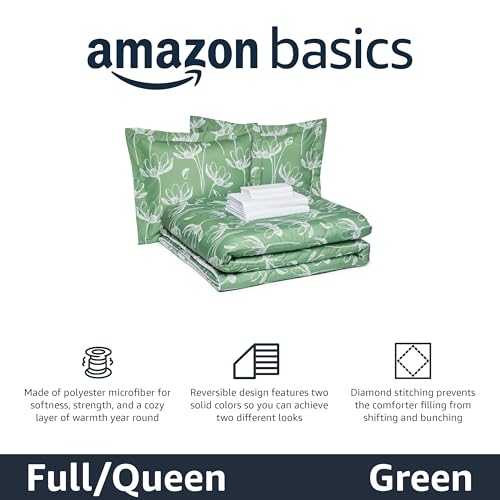 Amazon Basics Lightweight Microfiber Comforter Sets, 7 Pieces, Full/Queen, Green Floral view 2