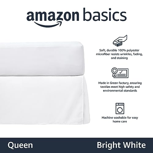 Amazon Basics Lightweight Pleated Wrinkle Resistant Fade Resistant Bed Skirt, Machine Washable, 16-Inch Drop, Queen, Bright White view 2