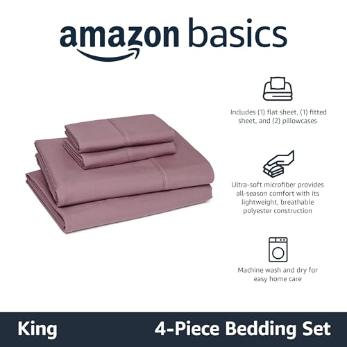 Amazon Basics Lightweight Polyester Microfiber 4-Piece Bed Sheet Set, Machine Washable, King, Rose, Solid view 2