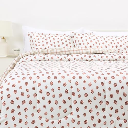 Amazon Basics Lightweight Polyester Microfiber Comforter Set, 3-Pieces, Off White Floral, King