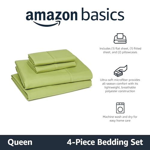 Amazon Basics Lightweight Super Soft Breathable Microfiber 4-Piece Bed Sheet Set, Queen, Oliver Light, Solid view 2