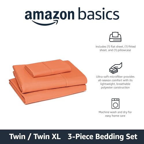 Amazon Basics Lightweight Super Soft Breathable Wrinkle-Free Microfiber 3-Piece Bed Sheet Set, Twin XL, Brick, Solid view 2