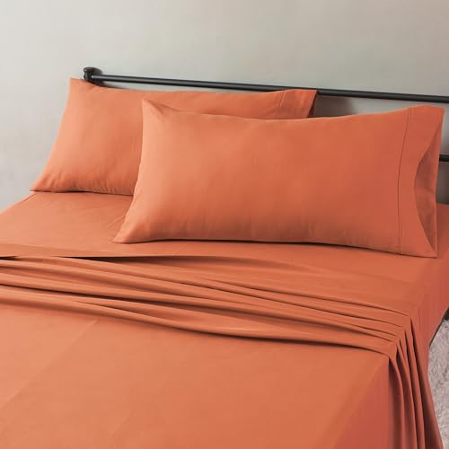 Amazon Basics Lightweight Super Soft Easy Care Microfiber 4-Piece Bed Sheet Set, King, Brick, Solid