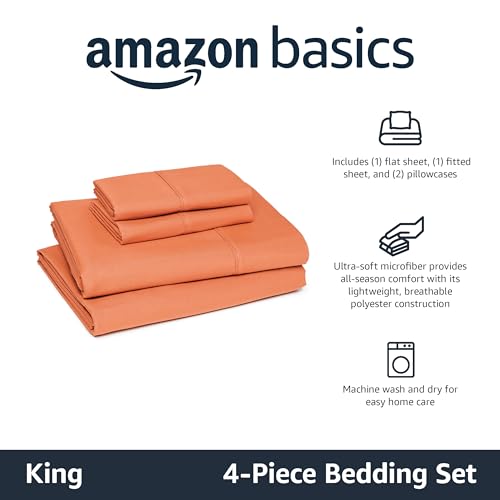 Amazon Basics Lightweight Super Soft Easy Care Microfiber 4-Piece Bed Sheet Set, King, Brick, Solid view 2