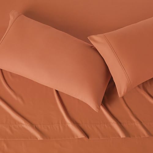 Amazon Basics Lightweight Super Soft Easy Care Microfiber 4-Piece Bed Sheet Set, King, Brick, Solid view 3
