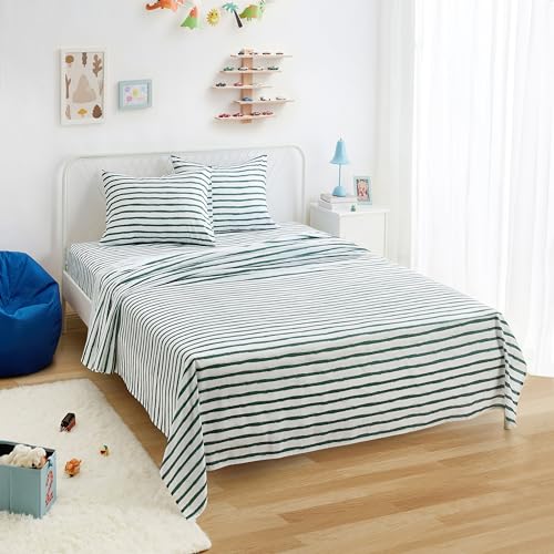 Amazon Basics Microfiber Kids' Sheet Set with 2 Pillowcases, 4-Piece, Green Stripes, Queen