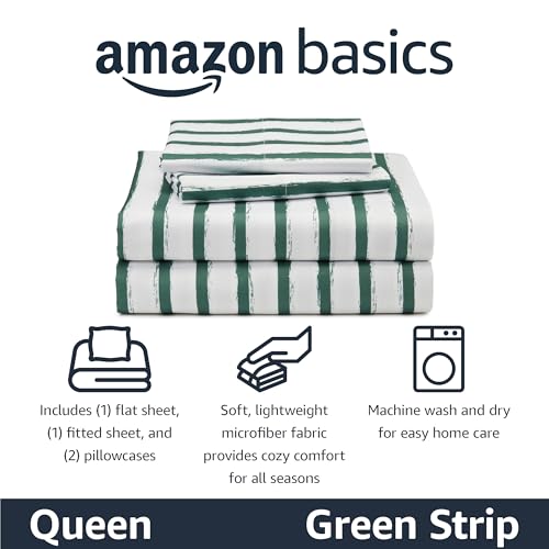 Amazon Basics Microfiber Kids' Sheet Set with 2 Pillowcases, 4-Piece, Green Stripes, Queen view 2