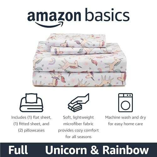 Amazon Basics Microfiber Kids' Sheet Set with Pillowcases, 4-Piece, Full, Unicorn and Rainbow view 2