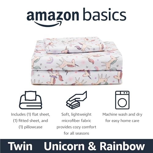 Amazon Basics Microfiber Kids' Sheet Set with Pillowcase, 3-Piece, Twin, Unicorn & Rainbow view 2