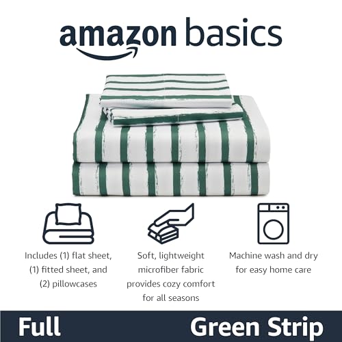 Amazon Basics Microfiber Kids' Sheet Set with Pillowcase, 4-Piece, Full, Green Stripes view 2
