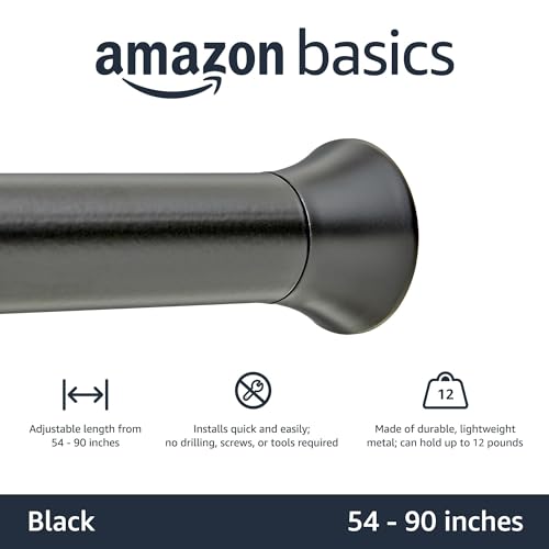Amazon Basics No Drill Adjustable Sturdy Spring Tension Curtain Rod, Adjustable 54-90" Width, Black, Classic Finial view 2