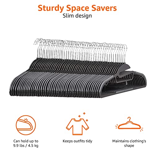 Amazon Basics Non-slip Heavy Duty Plastic Hanger with Rubber and Horizontal Bar, Pack of 50, Gray