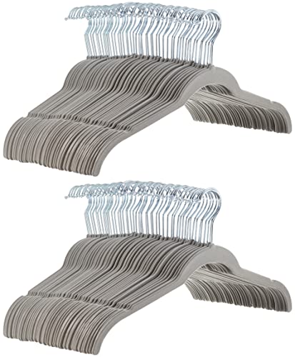 Amazon Basics Non-Slip Shirt Clothes Hangers Velvet, Space-Saving Slim, Sturdy, Pack of 100, Gray/Silver