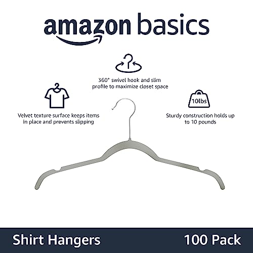 Amazon Basics Non-Slip Shirt Clothes Hangers Velvet, Space-Saving Slim, Sturdy, Pack of 100, Gray/Silver