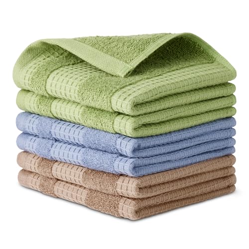 Amazon Basics Organic Cotton Waffle Kitchen Dish Cloths, Ultra Absorbent, Quick Drying, Lint-Free, 2 x 12 inches, 6-Pack (2 Brown, 2 Green, 2 Navy)