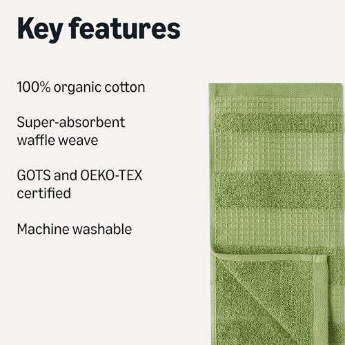 Amazon Basics Organic Cotton Waffle Kitchen Dish Cloths, Ultra Absorbent, Quick Drying, Lint-Free, 2 x 12 inches, 6-Pack (2 Brown, 2 Green, 2 Navy) view 2