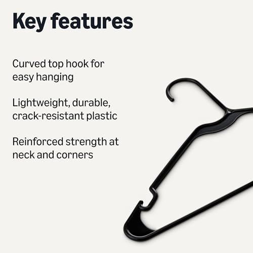 Amazon Basics Plastic Clothes Hangers, Adult Size, Black, Pack of 50