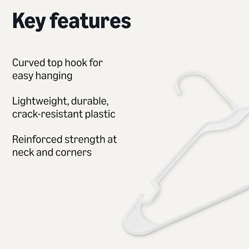 Amazon Basics Plastic Clothes Hangers, Adult Size, White, Pack of 50