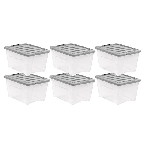 Amazon Basics Plastic Storage Containers with Secure Latching Lids, Stackable Organization Bins, 32 Quart, Set of 6, Clear/Grey