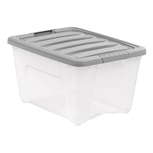 Amazon Basics Plastic Storage Containers with Secure Latching Lids, Stackable Organization Bins, 32 Quart, Set of 6, Clear/Grey