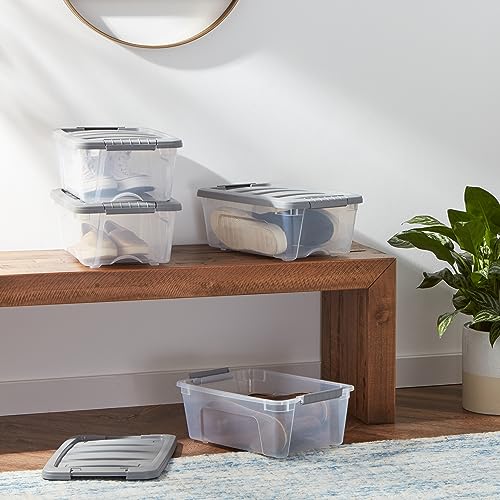 Amazon Basics Plastic Storage Containers with Secure Latching Lids, Stackable Organization Bins, Clear/Grey, 12 Quart, Set of 6