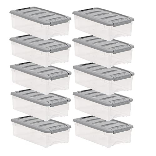 Amazon Basics Plastic Storage Containers with Secure Latching Lids, Stackable Organization Bins, Clear/Grey, 5 Quart, Set of 10