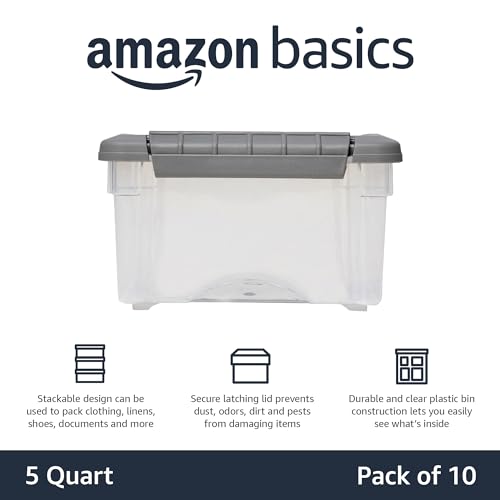 Amazon Basics Plastic Storage Containers with Secure Latching Lids, Stackable Organization Bins, Clear/Grey, 5 Quart, Set of 10