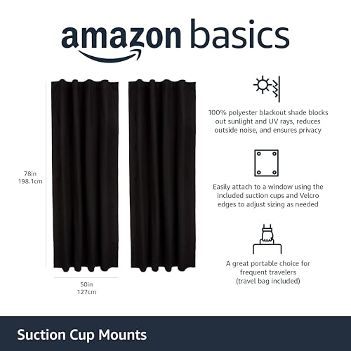 Amazon Basics Portable Blackout Curtain Shade with Suction Cups, 50"W x 78"L, 2-Pack, Black