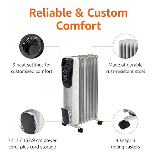 Amazon Basics Portable Oil Radiator Heater, Indoor Use, 3 Heat Settings, Over-Heat Protection, ETL-certified Safety, 7 Oil-Filled Steel Fins, 1500W, Tip-Over Protection, 11"D x 14.8"W x 25.2"H, White view 2
