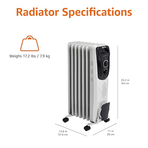 Amazon Basics Portable Oil Radiator Heater, Indoor Use, 3 Heat Settings, Over-Heat Protection, ETL-certified Safety, 7 Oil-Filled Steel Fins, 1500W, Tip-Over Protection, 11"D x 14.8"W x 25.2"H, White view 3
