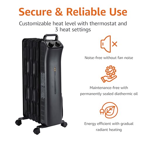 Amazon Basics Portable Oil Space Heater with 7 Oil-Filled Fins, 3 Heat Settings, Adjustable Thermostat, Tip-Over and Overheat Protection, ETL Safety Certificate, 1500W, Black view 2