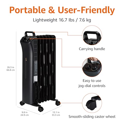 Amazon Basics Portable Oil Space Heater with 7 Oil-Filled Fins, 3 Heat Settings, Adjustable Thermostat, Tip-Over and Overheat Protection, ETL Safety Certificate, 1500W, Black view 3