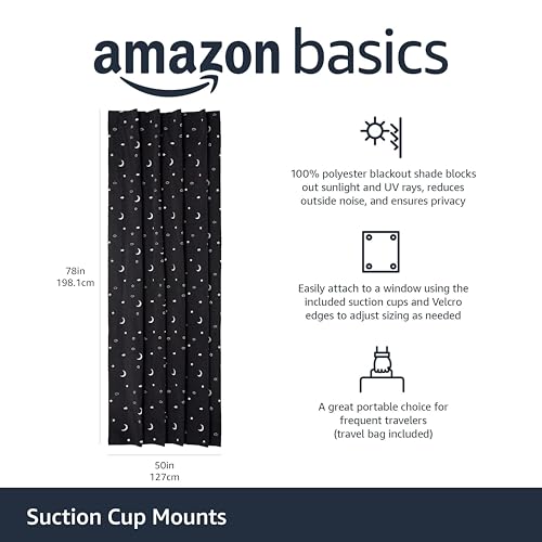 Amazon Basics Portable Room Darkening Blackout Curtain Shade with Suction Cups, Noise Reduction, 50"W x 78"L, Moon and Stars, 1-Pack view 2
