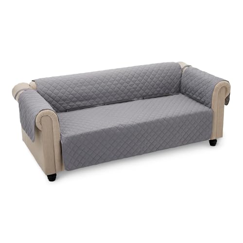 Amazon Basics Quilt Reversible Sofa Slipcover with Non-Slip Secure Fit, Elastic Anchor System, Three Seat Sofa, Large, Gray/Light Gray