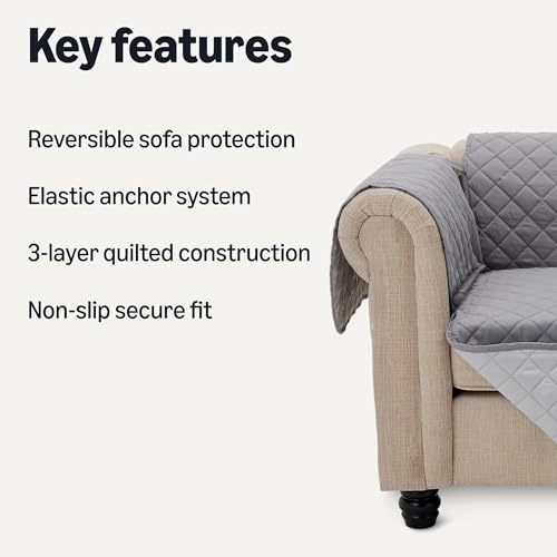 Amazon Basics Quilt Reversible Sofa Slipcover with Non-Slip Secure Fit, Elastic Anchor System, Three Seat Sofa, Large, Gray/Light Gray view 2
